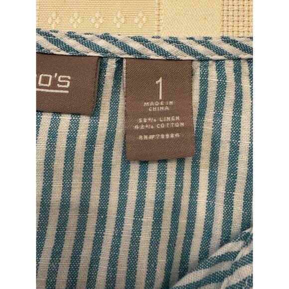 Chico's Pullover Tunic Top Sz 1 M Teal White Stripe Linen Blend Beach Resort - Picture 10 of 10